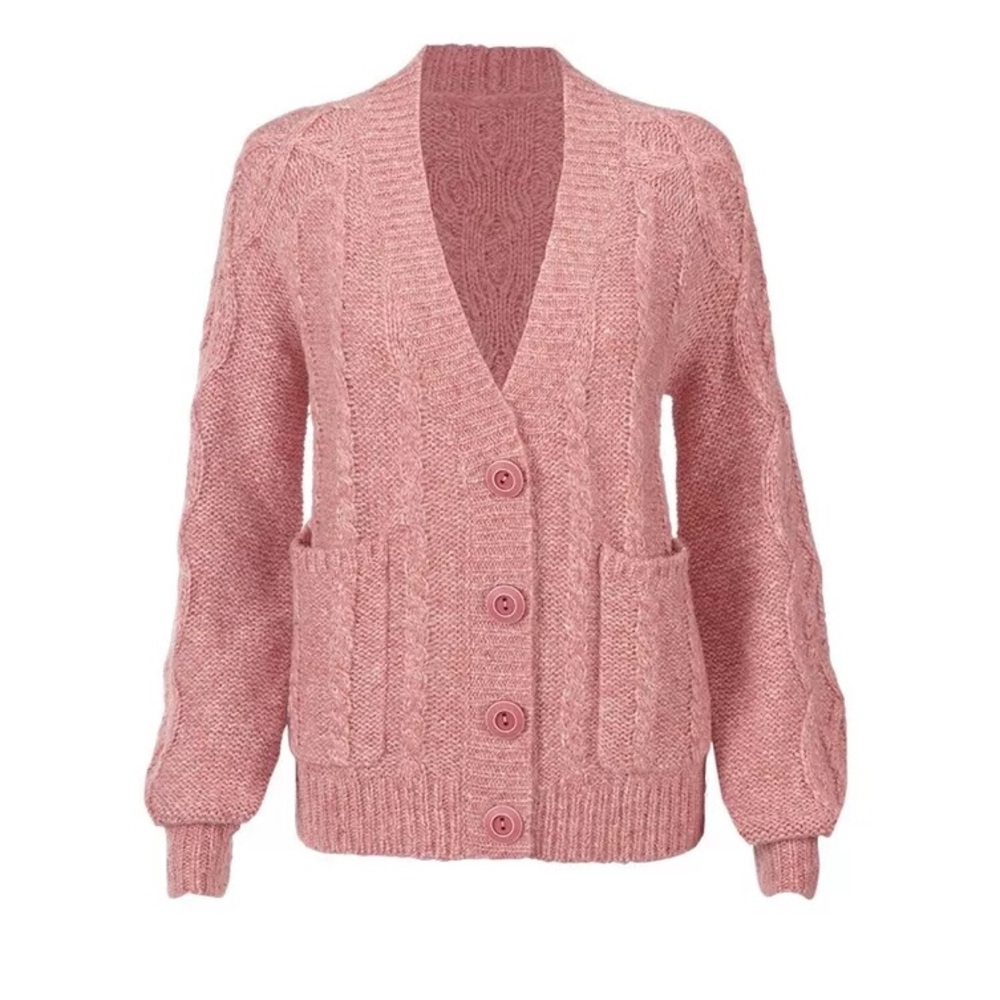CAbi 4065 Pink Confection Cardigan Size XS Cable Knit Oversized Button Sweater